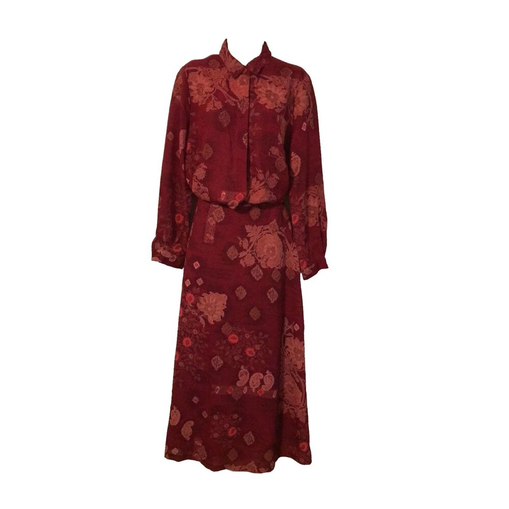Napa Valley Women’s SZ 14 Maroon & Pink 2 Piece Set Long Sleeve Blouse & Skirt